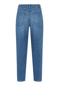 Blaue Jeans aus Denim mit gerader Passform, ausgestattet mit zwei Gesäßtaschen und einem Bund. Das Material hat eine leichte Textur mit Stickdetails.