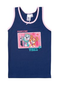 Navy cotton tank top with pink trim featuring a graphic of two cartoon dogs and the text "PAWSOME VIBES." Smooth texture, casual design.