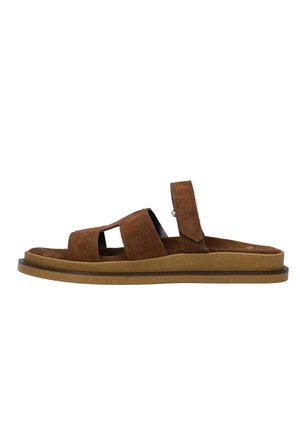 Brown suede sandal with two wide front straps and one adjustable back strap, flat sole, and cushioned footbed, shown in side profile.