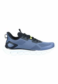 Lightweight athletic shoe in blue and black mesh with rubber sole; features perforated design, gripping accents, and plastic heel support.