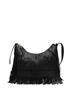 Schwarze Leder-Schultertasche mit mehrlagigen Fransen-Details und einem einzelnen verstellbaren Riemen mit goldfarbenen Beschlägen.