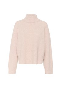 Svetar s turtleneck iz svetlo roza mekane pletenine. Ima duge rukave i blago skraćeni donji rub s rebrastom teksturom.