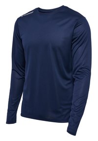 Langärmelig shirt in marineblauw, gemaakt van textiel met een vochtregulerende werking. Bevat een ronde hals en een logodetail op de schouder.