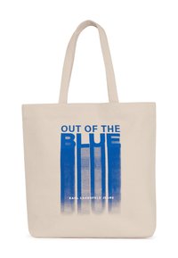 Platnena torba u bež boji s plavim natpisom "OUT OF THE BLUE" i vertikalnim uzorkom; sadrži čvrstu tkaninu i dvostruke ručke.