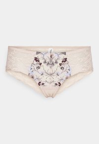 Nude Unterhose mit floraler Stickerei in Burgunder und Blau. Gepunktete Ränder und eine glatte Oberfläche. Weiches Textil mit detaillierten Akzenten.