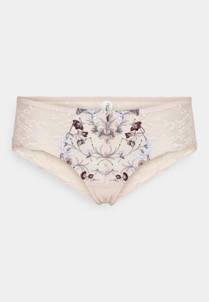 Nude kantstring met bloemenborduursel in bordeaux en blauw. Golvende randen en een gladde afwerking. Zacht textiel met gedetailleerde accenten.