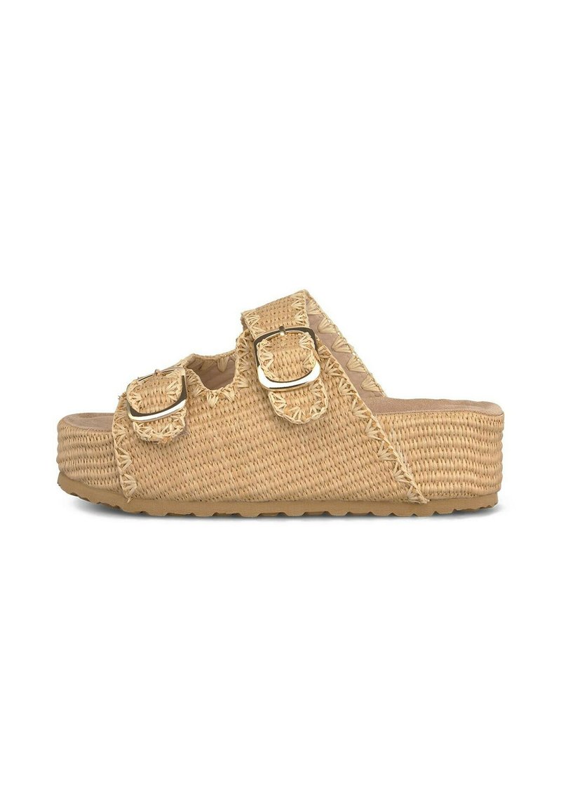 Sandalias de plataforma tejidas en beige con correas de doble hebilla. Superficie texturizada con detalles de costura y suela de goma para mayor tracción.