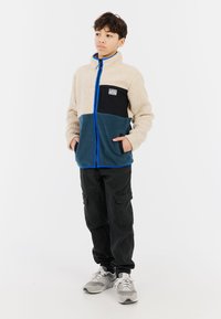 Fleece zip-up jacket in beige, black, and teal with a blue zipper, featuring a chest pocket and side pockets. Worn with black cargo pants and gray sneakers.