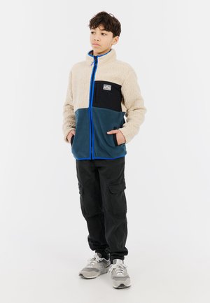 Giacca in pile con zip di colore beige, nero e teal, dotata di una zip blu, con tasca sul petto e tasche laterali. Indossata con pantaloni cargo neri e scarpe da ginnastica grigie.