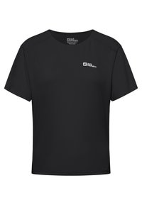 T-shirt nero a maniche corte realizzato in tessuto testurizzato. Presenta un collo a giro e un piccolo logo sulla parte superiore del lato sinistro del petto.