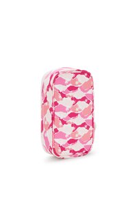Astuccio cosmetico rettangolare rosa e bianco con un motivo floreale. Realizzato in tessuto, presenta una chiusura con zip e una maniglia laterale.