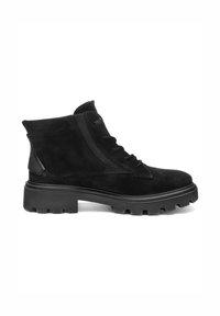 Black suede ankle boot with thick lug sole, lace-up front, side zipper, and padded collar for added support and style.