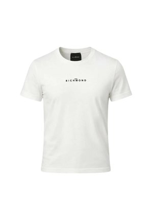 T-shirt bianca a manica corta con scollo a girocollo e piccolo logo testuale nero "John Richmond" al centro del petto.
