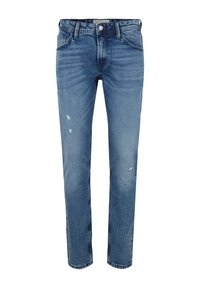 Svetle modré džíny z denimu s rovnými nohavicemi, lehkým opotřebením a pěti kapsami, s krytým zapínáním na knoflík.