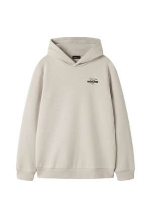 Sweat à capuche beige clair avec poche kangourou devant et petit logo texte noir "Visions" sur la poitrine gauche, poignets et bord-côte, sans cordons.