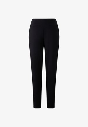 Black stretch pants with a high waist and slim fit, featuring a smooth texture and subtle side detailing near the hem.