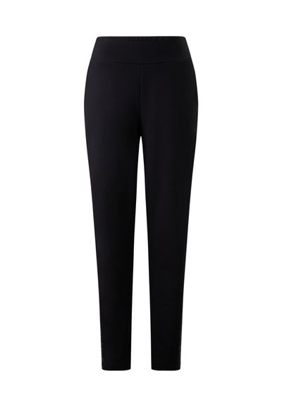 Zwarte stretchbroeken met een hoge taille en een slanke pasvorm, met een gladde textuur en subtiele zijdetails bij de zoom.