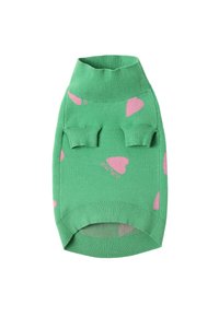 Roheline koera sviiter, mis on valmistatud pehmest kangast, ribikrae, lühikeste varrukate ja roosa südame mustriga üle kogu. 