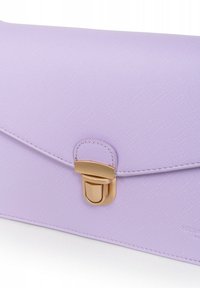 Lilac synthetic clutch with textured surface, featuring a gold-tone clasp and stitched detailing along the edge.