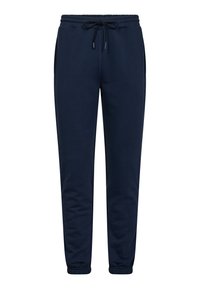 Marineblå joggingbukser med elastisk talje og snøre, sidelommer og elastiske manchetter ved anklerne.
