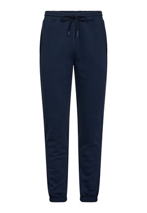 Marineblå joggingbukser med elastisk talje og snøre, sidelommer og elastiske manchetter ved anklerne.