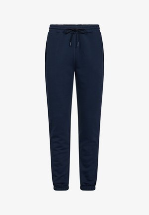 Marineblå joggingbukser med elastisk talje og snøre, sidelommer og elastiske manchetter ved anklerne.
