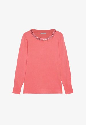 Koraalroze trui met lange mouwen en ronde hals, versierd met roze en zilveren strass-steentjes, geribbelde boorden en zoom.