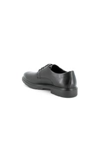 Scarpa da uomo in pelle nera con finitura liscia, design con lacci, punta arrotondata e suola in gomma che offre un leggero tacco.