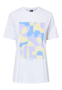 Bílá bavlněná tričko s abstraktním vzorem v světle modré, světlé žluté a levandulové barvě. Krátké rukávy a kulatý výstřih.