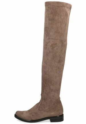 Bottes cuissardes en suède tan doux avec une coupe ajustée, un bout arrondi et un petit talon noir, présentant des coutures sans couture le long de la tige.