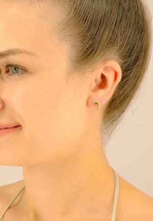Orecchino a perno color oro a forma di delfino con dettagli verdi. Superficie liscia e design minimalista, visibile nell'orecchio del modello.