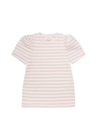 Katoenen T-shirt met roze en witte horizontale strepen, korte pofmouwen en een ronde hals. Zachte textuur en casual pasvorm.