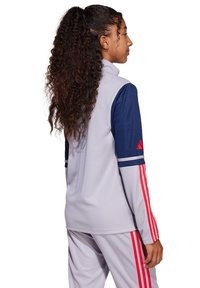 Hellgraue Sportjacke mit navyblauen Ärmeln und roten Streifen. Sie hat einen hohen Kragen und eine schlanke Passform.