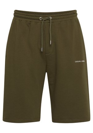 Tumedast oliivrohelised lühikesed püksid, mis on valmistatud pehmest kangast, elastse vöökoha ja paelaga, küljetaskute ning esimehe logoga.