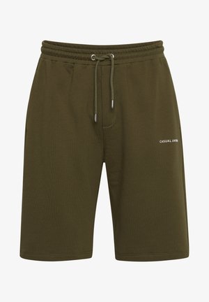 Mørke olivenfargede shorts laget av mykt stoff, med elastisk midjebånd og snøring, sidelommer og et trykt logo på forsiden.