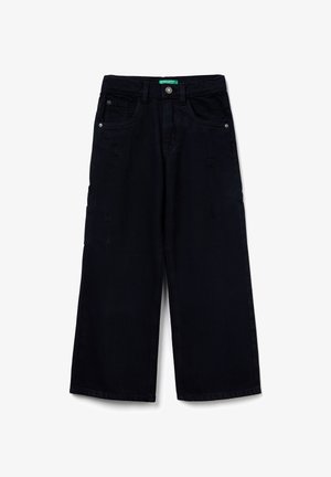 Zwarte wijde jeans met distressed details, steekzakken aan de voorkant, riemlussen en een knoopsluiting in de taille.