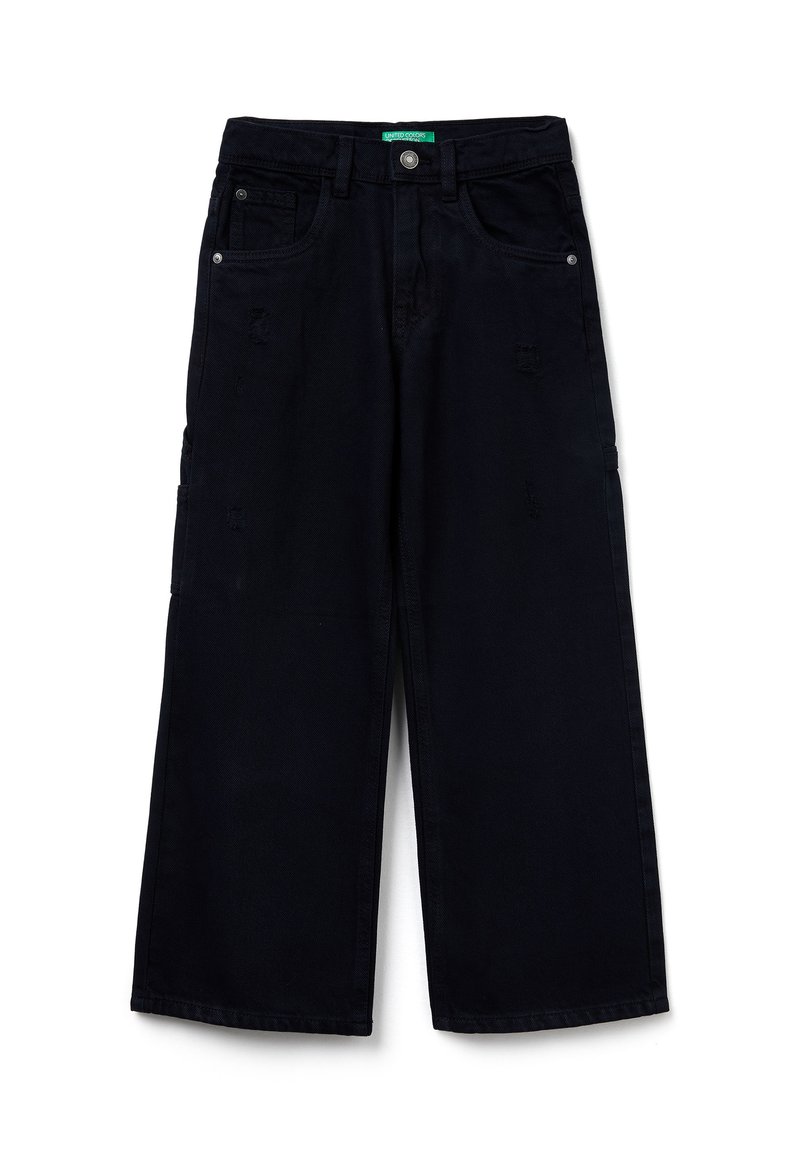 Černé džíny s širokými nohavicemi, býtelnými detaily, předními kapsami, poutky na opasek a knoflíkovým zapínáním v pase.