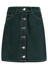 Gonna di denim verde con un design aderente, bottoni frontali, cuciture bianche e due tasche laterali. Il tessuto ha una consistenza liscia e morbida.