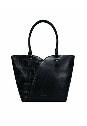 Bolso tote negro con superficies lisas y texturizadas, con un lado en cuero elegante y el otro en material con patrón de cocodrilo.
