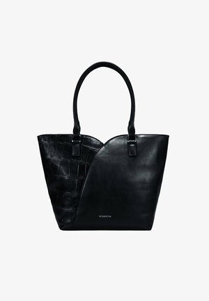 Bolso tote negro con superficies lisas y texturizadas, con un lado en cuero elegante y el otro en material con patrón de cocodrilo.