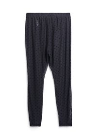 Sorte gennemsigtige leggins med små polkaprikker og elastisk talje, præsenteret fladt på en hvid baggrund.