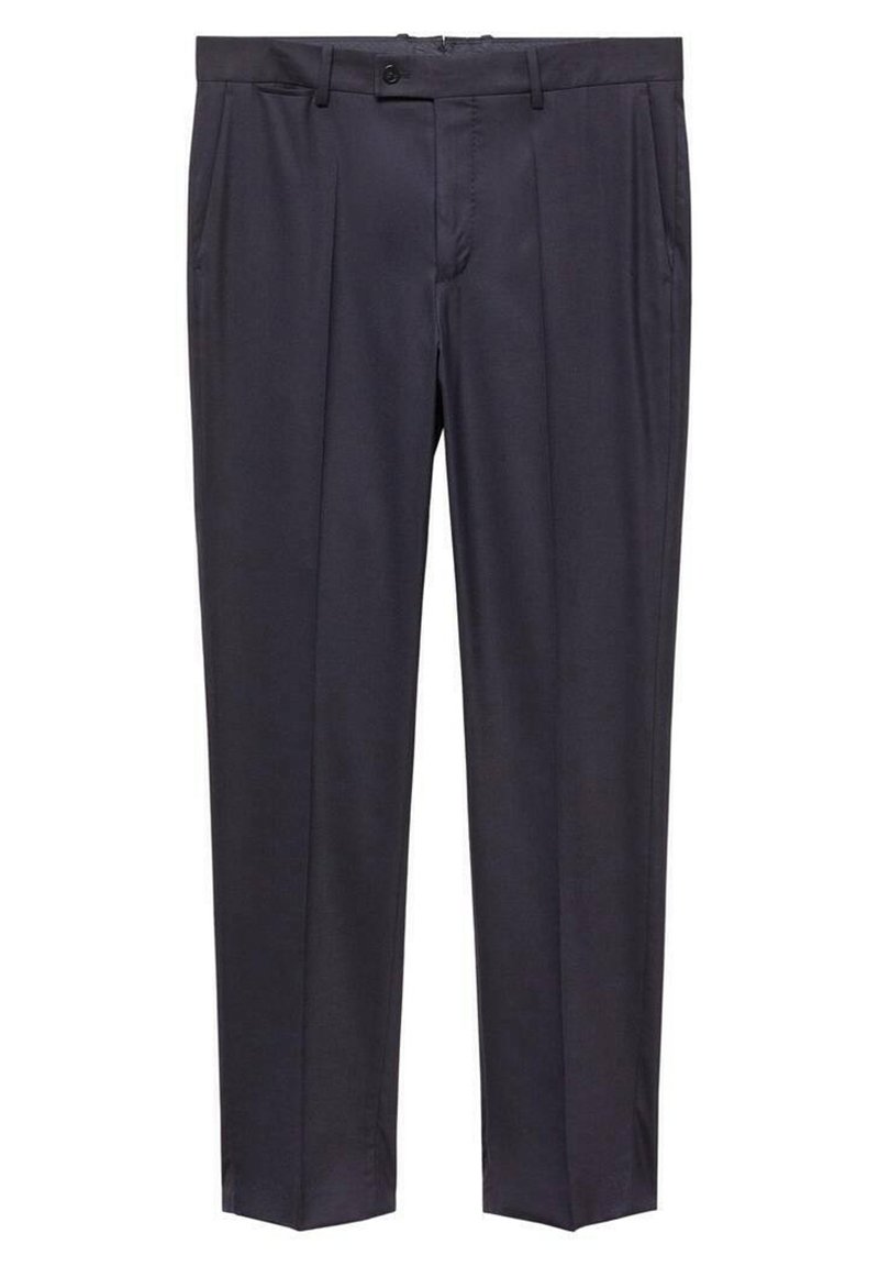 Pantalon habillé droit en bleu marine foncé avec passants de ceinture, fermeture à bouton et à zip à l'avant, et poches latérales, présenté sur un fond blanc.