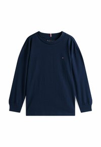 Marineblaues Langarm-T-Shirt aus weicher Baumwolle. Es verfügt über einen Rundhalsausschnitt, gerippte Ärmelbündchen und ein kleines Logo auf der Brust.