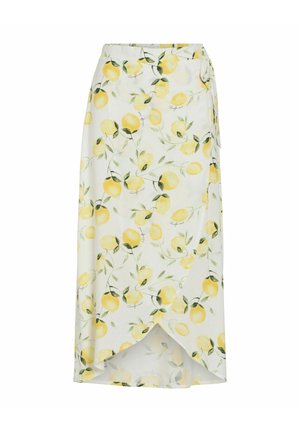 Fustă wrap albă cu imprimeu de lămâi galbene și frunze verzi, lungime medie, cu detaliu de legare lateral.