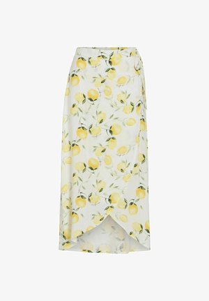 Fustă wrap albă cu imprimeu de lămâi galbene și frunze verzi, lungime medie, cu detaliu de legare lateral.