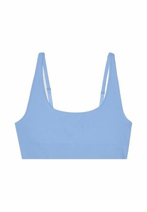 Light blue ribbed bralette with adjustable straps and a seamless design. Features a wide elastic band at the bottom for support.