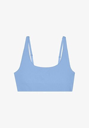 Lichtblauw geribbeld bralette met verstelbare bandjes en een naadloos ontwerp. Voorzien van een brede elastische band aan de onderkant voor ondersteuning.