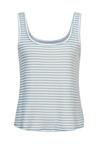 Stribet tanktop i lys blå og hvid; lavet af blødt stof med en scoop neckline og brede skulderstropper, flodende kant.