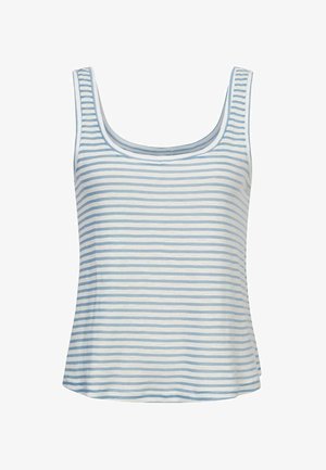 Raiņota bezmugurkaula krekliņš gaiši zilos un baltos toņos; izgatavots no mīksta auduma ar apaļu kakla izgriezumu un platām plecu siksnām, plandošs apakšmalā.