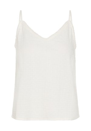 Camisole blanche sans manches avec fines bretelles et un tissu subtilement texturé, présentée sur un fond uni.
